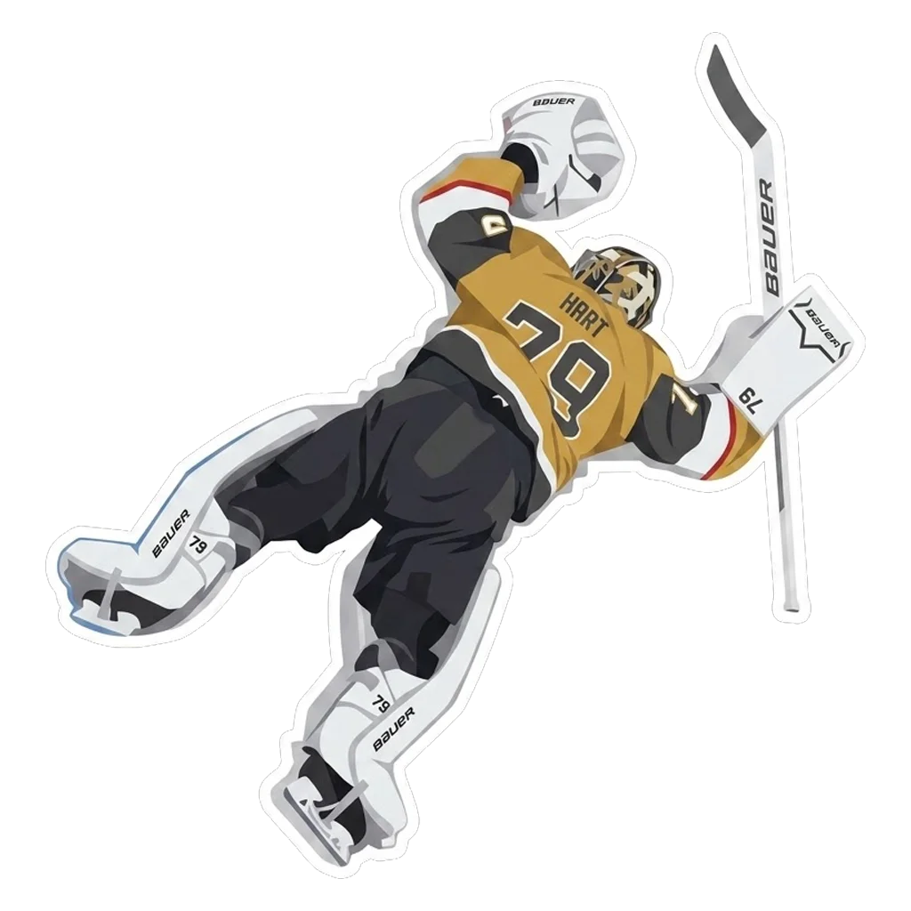 Carter Hart sprawled on the ice in Vegas goalie gear, number 79.