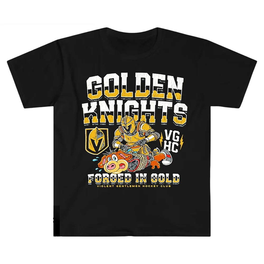 A black t-shirt reading GOLDEN KNIGHTS / FORGED IN GOLD, Violent Gentlemen Hockey Club, showing a gold-armoured knight hog-tying a cartoon animal.